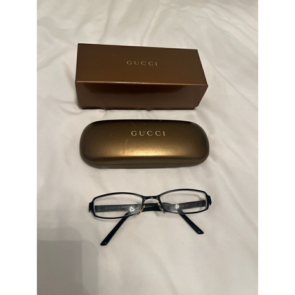 Gucci skinny rectangular black metal frame eyeglasses crystal accent
